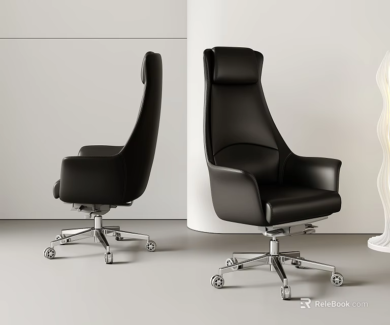 Modern Black Leather Office Chair High Back Design With Silver Metal Base Wheels 3d model 