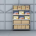 Industrial Storage Shelving Unit With Multiple Cardboard Boxes And Mandarin Crates