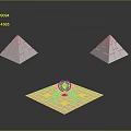 Scenic Landscape Featuring Two Pyramids And Square Patterned Object On Gray Gradient Background 3d model