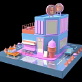 Colorful Two Story Ice Cream Shop Building With Pink Blue Ice Cream Model And Signs