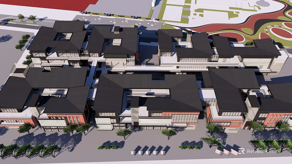 Traditional Modern Commercial Street Design With Black Roofs And Pedestrian Walkways 3d model 