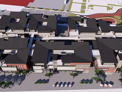 Traditional Modern Commercial Street Design With Black Roofs And Pedestrian Walkways 3d model