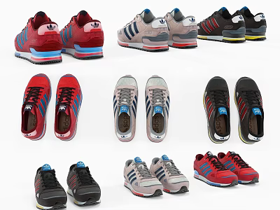 Multiple Pairs Of Classic Retro Sneakers With Colorful Striped Soles And Stylish Design 3d model