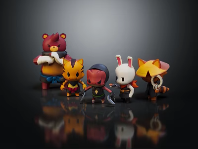 Colorful Cartoon Animal Character Figurines Featuring Unique Costumes And Accessories On Dark Reflective Background 3d model