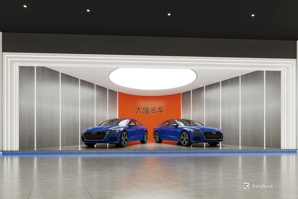 Two Blue Luxury Cars Displayed In Modern Showroom With Orange Backdrop 3d model 