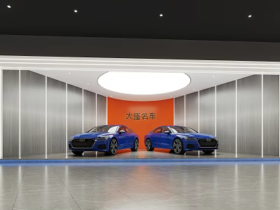 Two Blue Luxury Cars Displayed In Modern Showroom With Orange Backdrop 3d model
