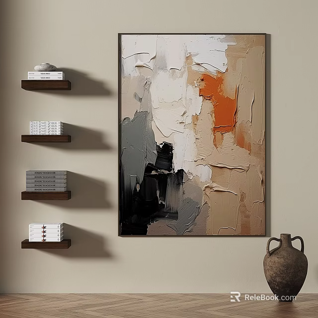 Abstract Painting Wall Art With Neutral Beige Gray Black Orange Textured Hand Painted Canvas 3d model 