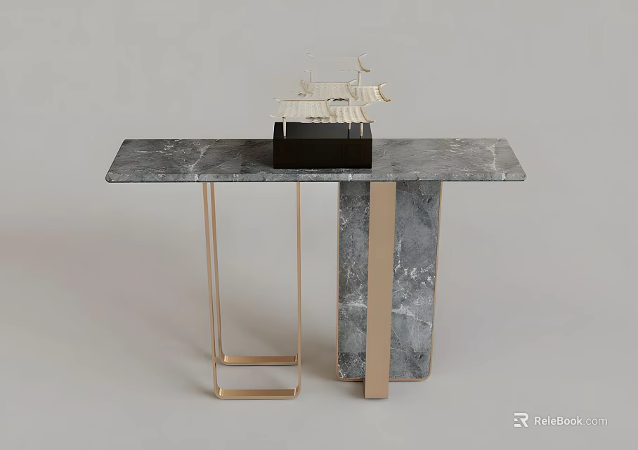Elegant Modern Console Table With Marble Top And Golden Metal Legs And Decorative Sculpture 3d model 