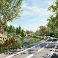 Curved Municipal Road With Red Bicycle Lane Green Vegetation Trees Flowers And Pond