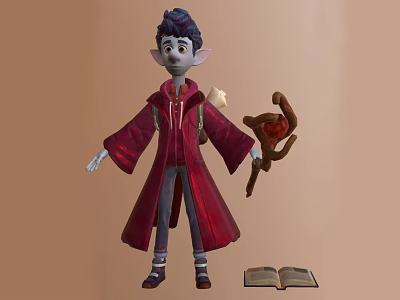 Pointed Ears Elf Wizard in Red Robe Holding Magical Creature Heart Staff and Open Book 3d model