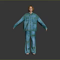 Man In Blue Pajamas Standing With Arms Outstretched On Gray Background