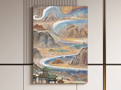 Colorful Traditional Chinese Landscape Painting With Misty Mountains Rivers And Architecture 3d model