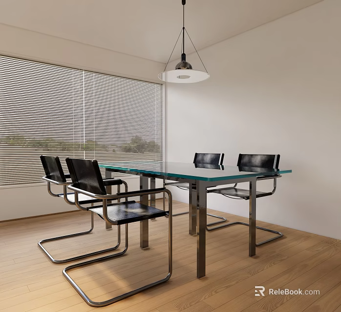 Modern Glass Top Dining Table Set With Black Chairs Metal Frame And Wooden Floor 3d model 