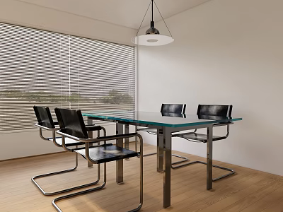 Modern Glass Top Dining Table Set With Black Chairs Metal Frame And Wooden Floor 3d model