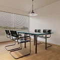 Modern Glass Top Dining Table Set With Black Chairs Metal Frame And Wooden Floor