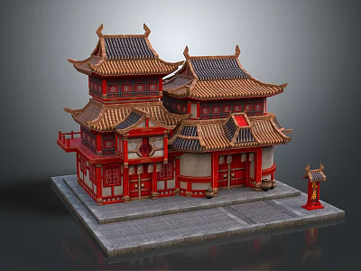 Cartoon Style Chinese Traditional Building with Multi tiered Roofs Red Gold Decorations and Small Lantern 3d model