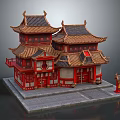 Cartoon Style Chinese Traditional Building with Multi tiered Roofs Red Gold Decorations and Small Lantern