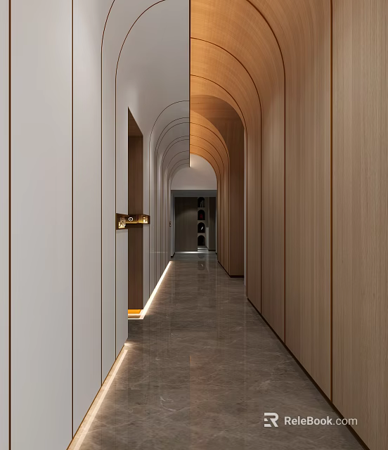 Modern Hotel Corridor Interior With Wooden Walls Arched Ceiling And Warm Lighting Marble Flooring 3d model 