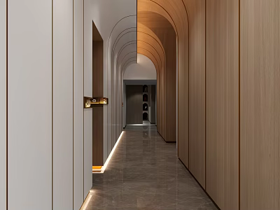 Modern Hotel Corridor Interior With Wooden Walls Arched Ceiling And Warm Lighting Marble Flooring 3d model