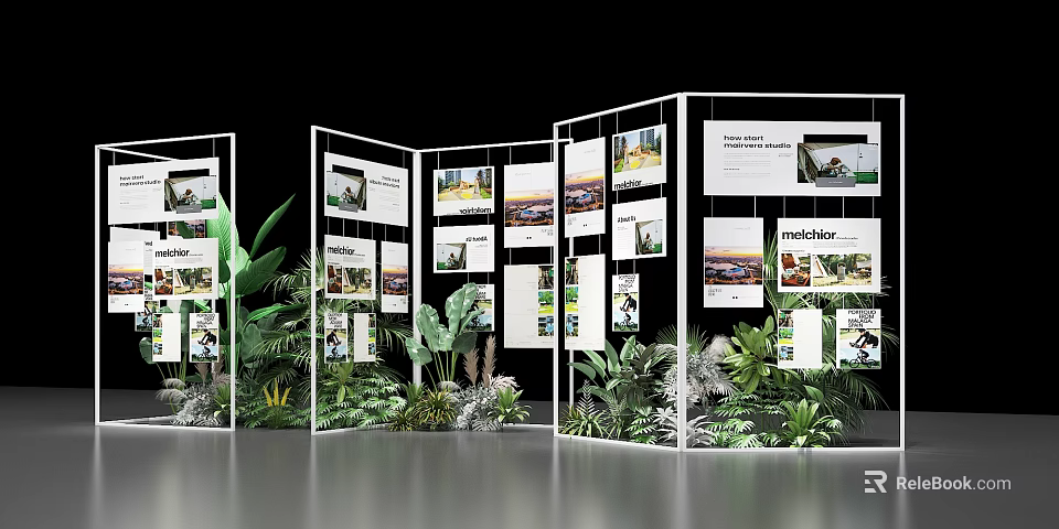 Decorative Ornament Display Set with Showcase Picture Panels and Green Plant Decorations 3d model 