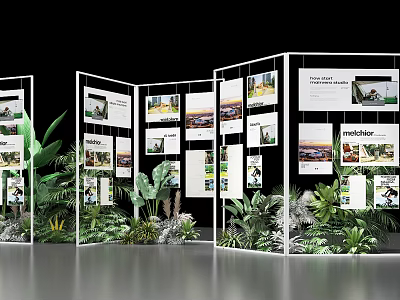 Decorative Ornament Display Set with Showcase Picture Panels and Green Plant Decorations 3d model