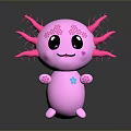 Cute Pink Animal Figure With Big Eyes Smiling Face And Pink Tentacles Blue Flower