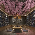 Japanese Traditional Interior With Cherry Blossom Ceiling Wooden Table Chairs And Decorative Elements