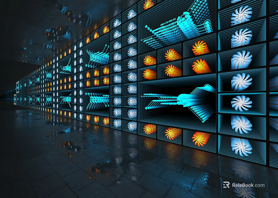 Modern Commercial Equipment Racks With Illuminated LED Panels And Neon Displays 3d model 
