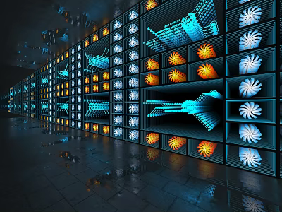 Modern Commercial Equipment Racks With Illuminated LED Panels And Neon Displays 3d model