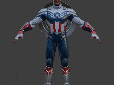 Game Movie Superhero Character Detailed 3D Model With Blue White Red Armored Costume And Shield 3d model