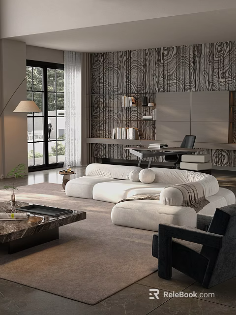 Modern Living Room Interior With White Modular Sofa Decorative Wall And Bookshelves 3d model 
