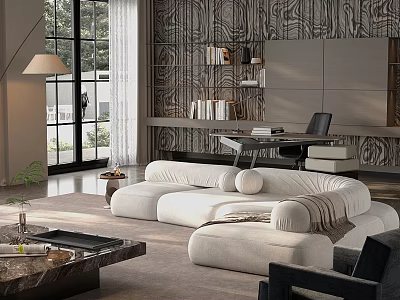 Modern Living Room Interior With White Modular Sofa Decorative Wall And Bookshelves 3d model