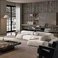 Modern Living Room Interior With White Modular Sofa Decorative Wall And Bookshelves