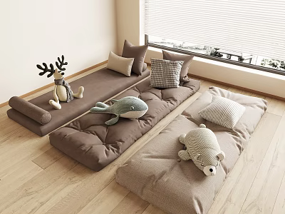 Cozy Brown Floor Cushions With Stuffed Toys And Soft Pillows For Living Room 3d model