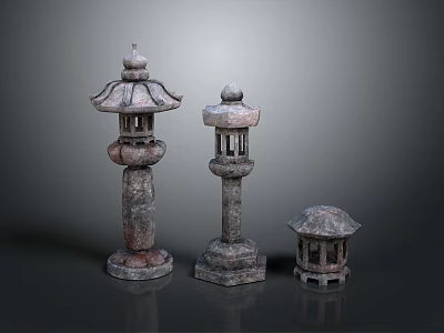 Traditional Stone Lanterns With Different Sizes And Intricate Carved Details 3d model