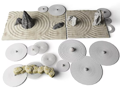 Traditional Karesansui Garden Design With Raked Sand Circular Slabs And Decorative Rock Features 3d model