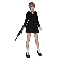 Woman in Black Uniform with Red Bow Tie and Pleated Skirt Holding Rifle