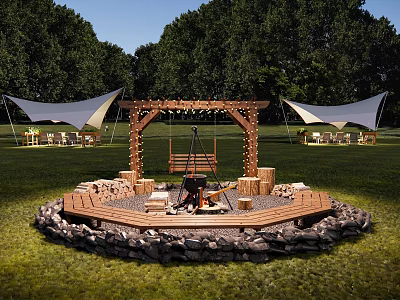 Lush Campsite With Circular Fire Pit Wooden Swing Stone Border And Grass Area Under Trees 3d model