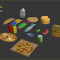 Assorted Food Items Including Pizzas Milk Carton Cheese Fish Condiments And Chips