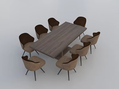 Modern Dining Table Set With Wooden Top And Six Brown Upholstered Chairs With Metal Legs 3d model