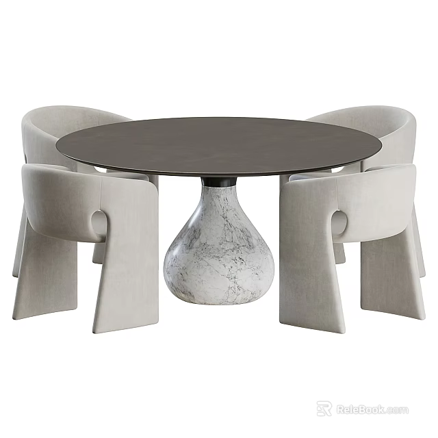 Modern Round Dining Table Set With Dark Tabletop And Marble Vase Shaped Base And Four Light Gray Chairs 3d model 