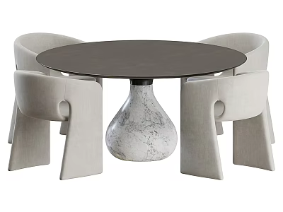 Modern Round Dining Table Set With Dark Tabletop And Marble Vase Shaped Base And Four Light Gray Chairs 3d model