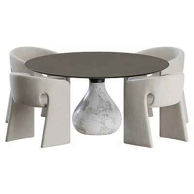 Modern Round Dining Table Set With Dark Tabletop And Marble Vase Shaped Base And Four Light Gray Chairs 3d model