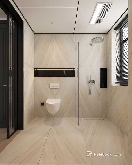 Modern Bathroom Interior With Marble Walls Wall-Mounted Toilet Shower Area Glass Partition And Window Blinds 3d model 