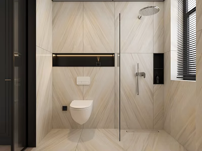 Modern Bathroom Interior With Marble Walls Wall-Mounted Toilet Shower Area Glass Partition And Window Blinds 3d model