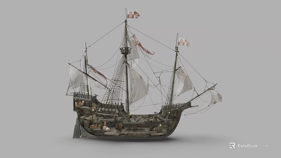 Vintage Sailing Ship Model With Multiple Masts White Sails Decorative Flags And Wooden Structure 3d model 
