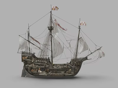 Vintage Sailing Ship Model With Multiple Masts White Sails Decorative Flags And Wooden Structure 3d model