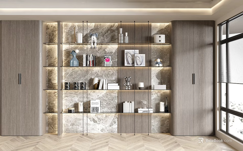 Modern Display Cabinet with Open Shelves Books Decorations Vases Marble Backdrop and Elegant Lighting 3d model 