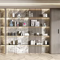Modern Display Cabinet with Open Shelves Books Decorations Vases Marble Backdrop and Elegant Lighting