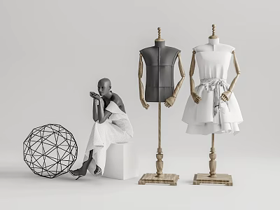 Seated Fashion Mannequin Two Dress Forms Black Sleeveless Top White Dress Geometric Sphere Cube 3d model